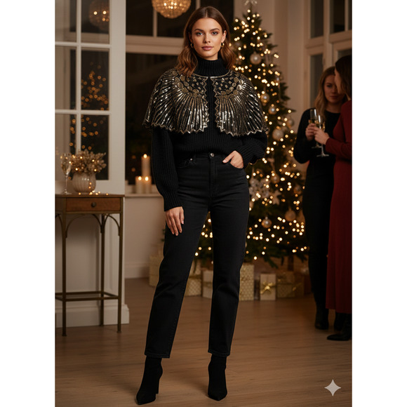 Sequin Shawl Poncho Evening Cape Flapper versatile Top newyear holiday Wrap Chic - Picture 1 of 6